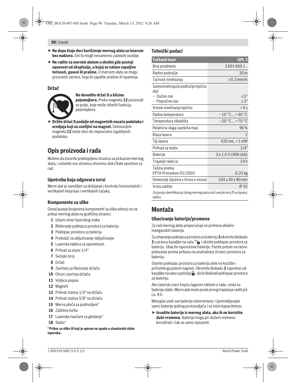 Opis proizvoda i rada, Montaža | Bosch GPL 3 Professional User Manual | Page 98 / 158