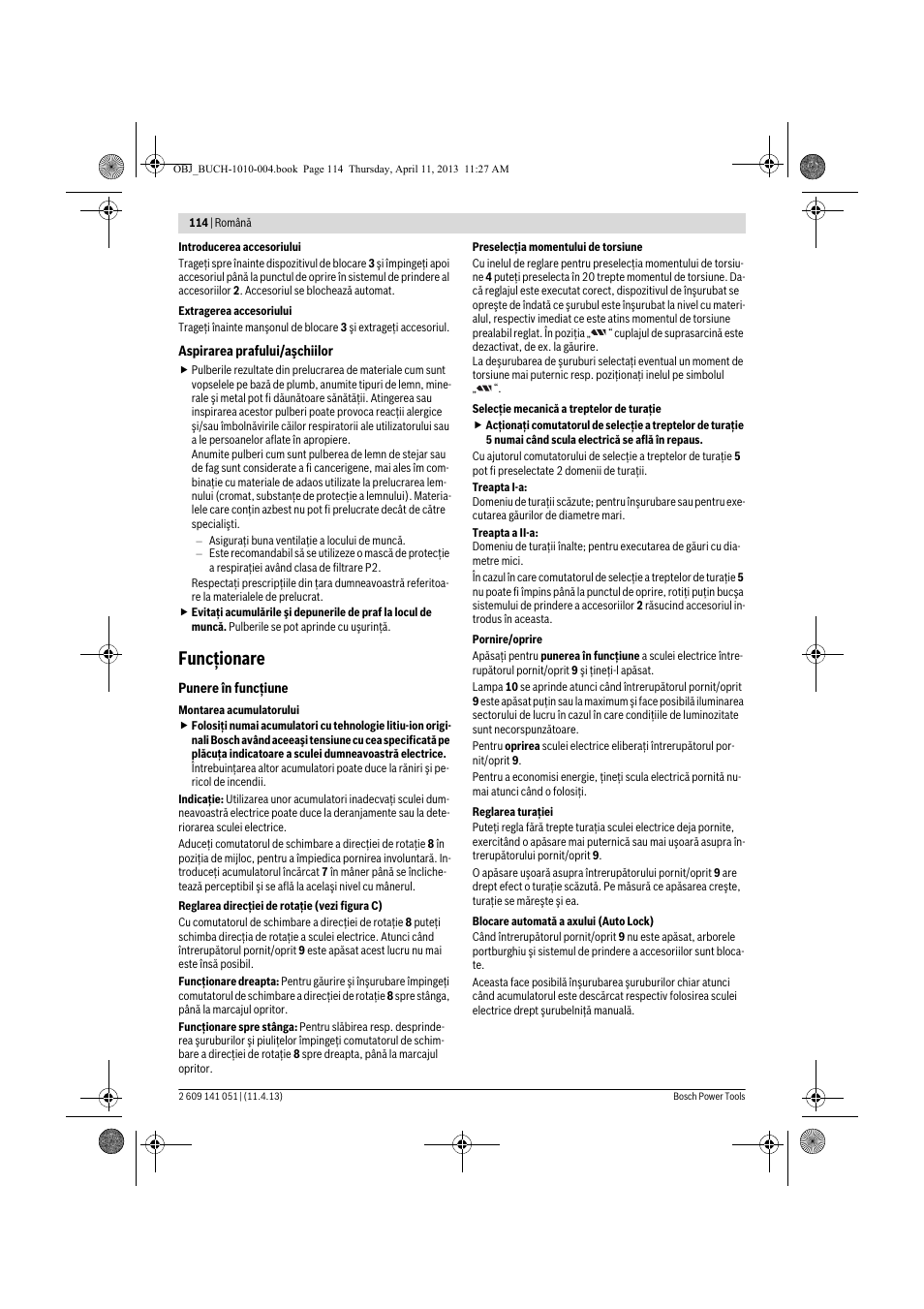 Funcţionare | Bosch GSR 10,8-LI Professional User Manual | Page 114 / 167