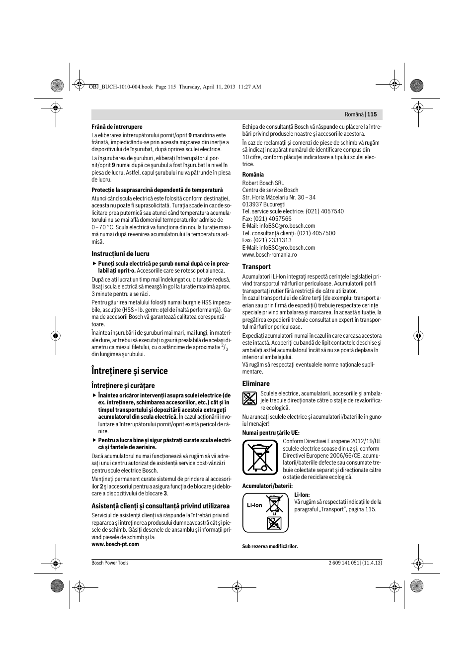 Întreţinere şi service | Bosch GSR 10,8-LI Professional User Manual | Page 115 / 167