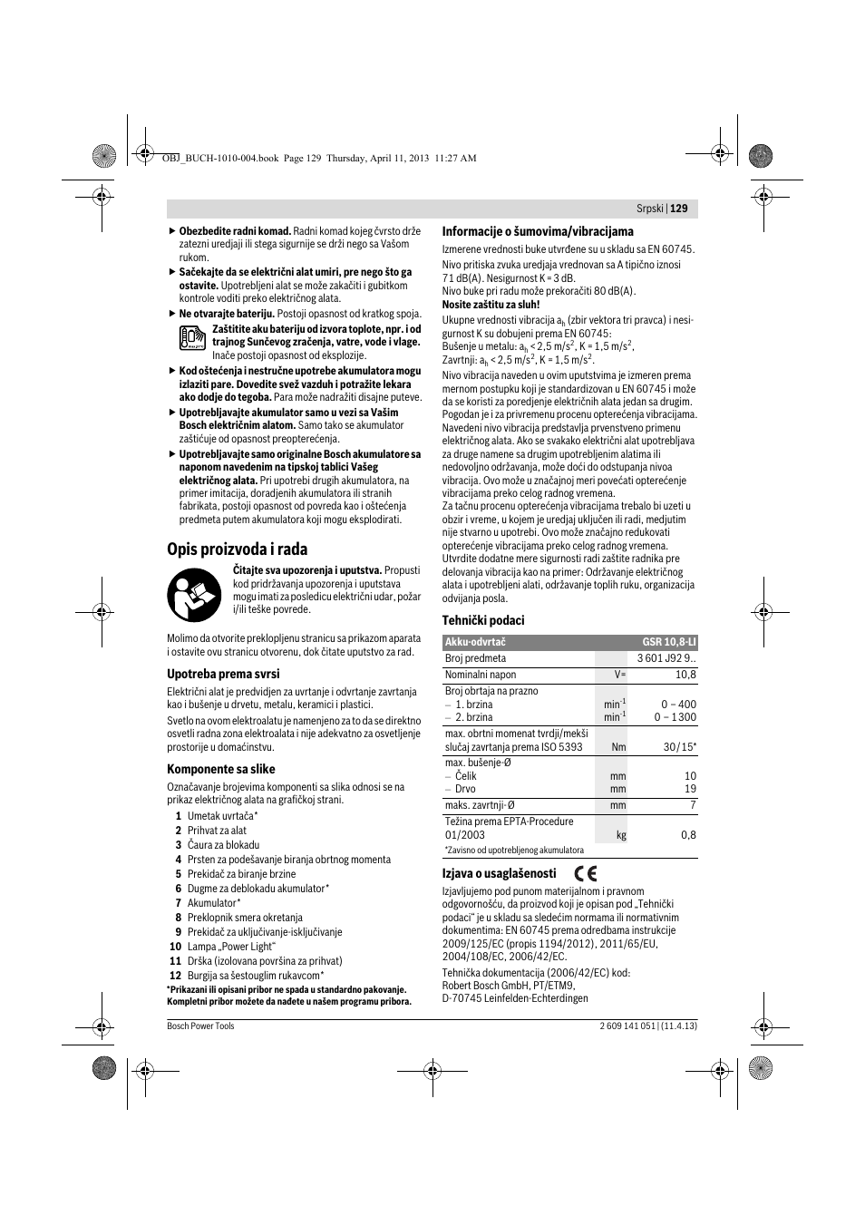 Opis proizvoda i rada | Bosch GSR 10,8-LI Professional User Manual | Page 129 / 167