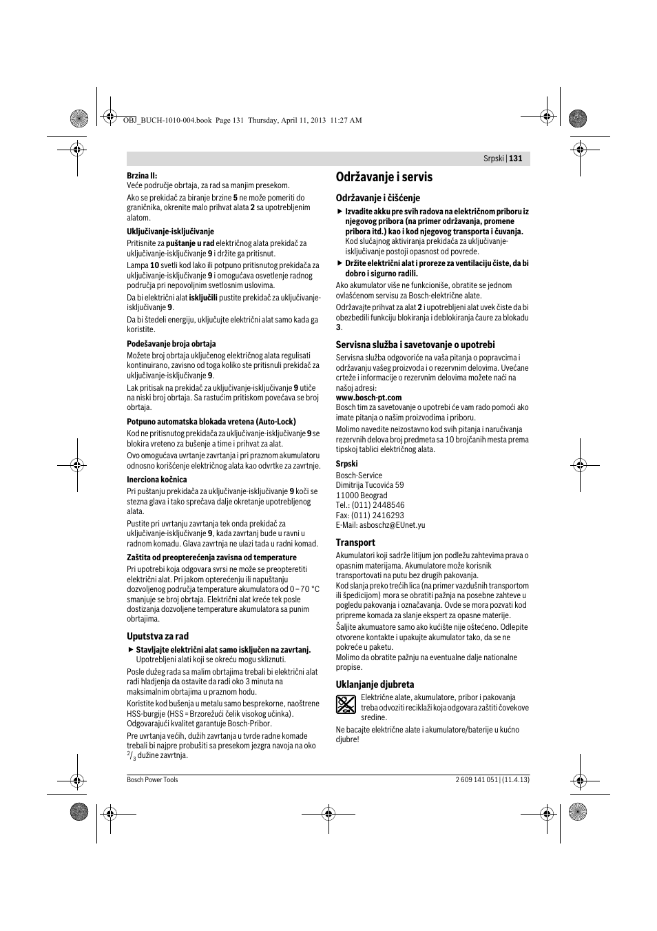 Održavanje i servis | Bosch GSR 10,8-LI Professional User Manual | Page 131 / 167