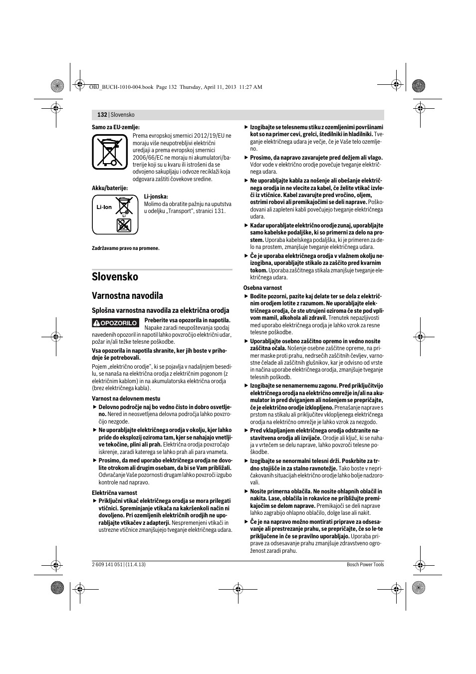 Slovensko, Varnostna navodila | Bosch GSR 10,8-LI Professional User Manual | Page 132 / 167