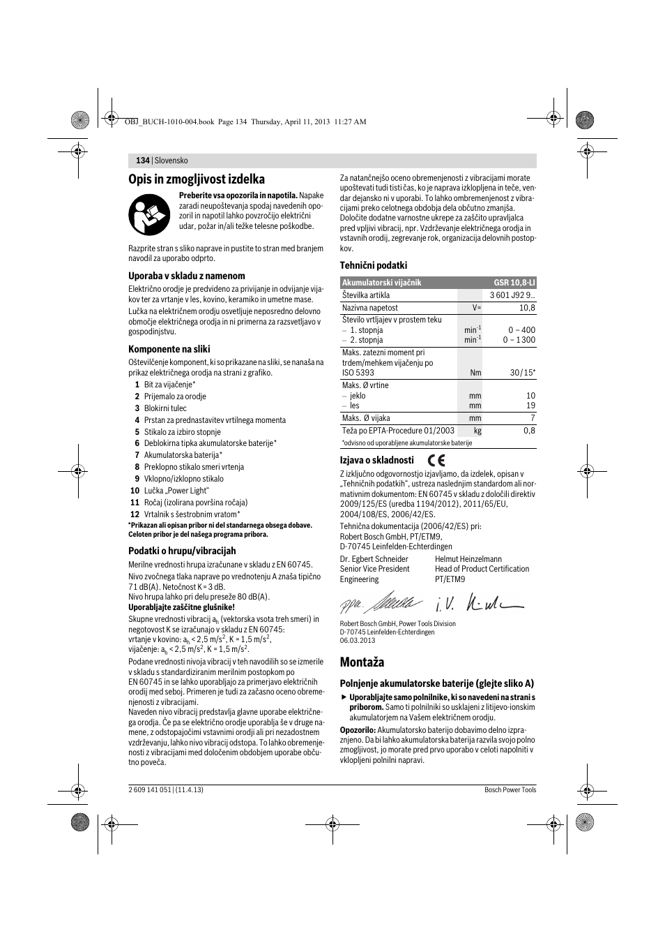 Opis in zmogljivost izdelka, Montaža | Bosch GSR 10,8-LI Professional User Manual | Page 134 / 167