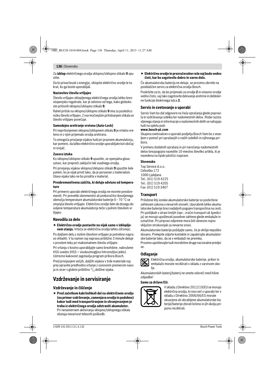 Vzdrževanje in servisiranje | Bosch GSR 10,8-LI Professional User Manual | Page 136 / 167