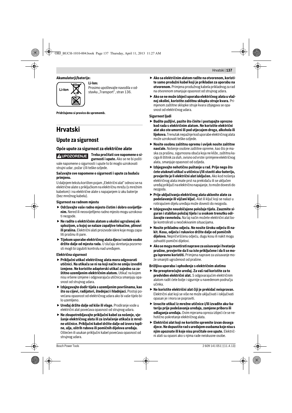 Hrvatski, Upute za sigurnost | Bosch GSR 10,8-LI Professional User Manual | Page 137 / 167