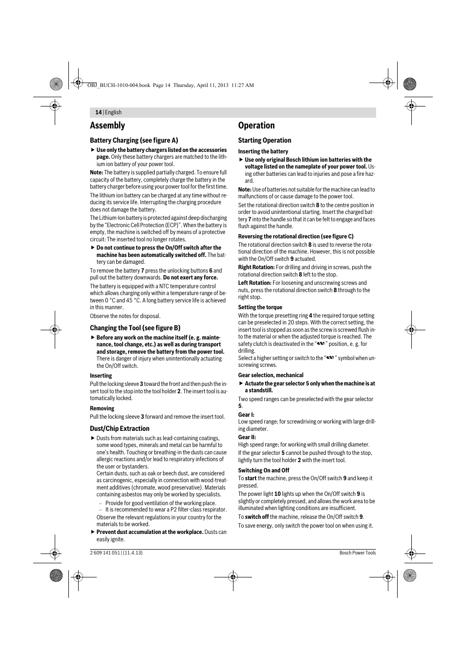 Assembly, Operation | Bosch GSR 10,8-LI Professional User Manual | Page 14 / 167