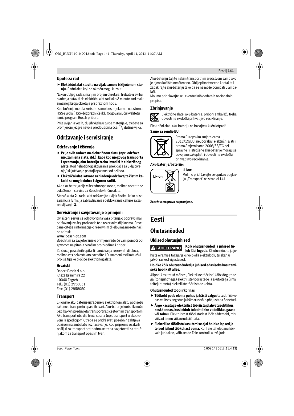 Eesti, Održavanje i servisiranje, Ohutusnõuded | Bosch GSR 10,8-LI Professional User Manual | Page 141 / 167