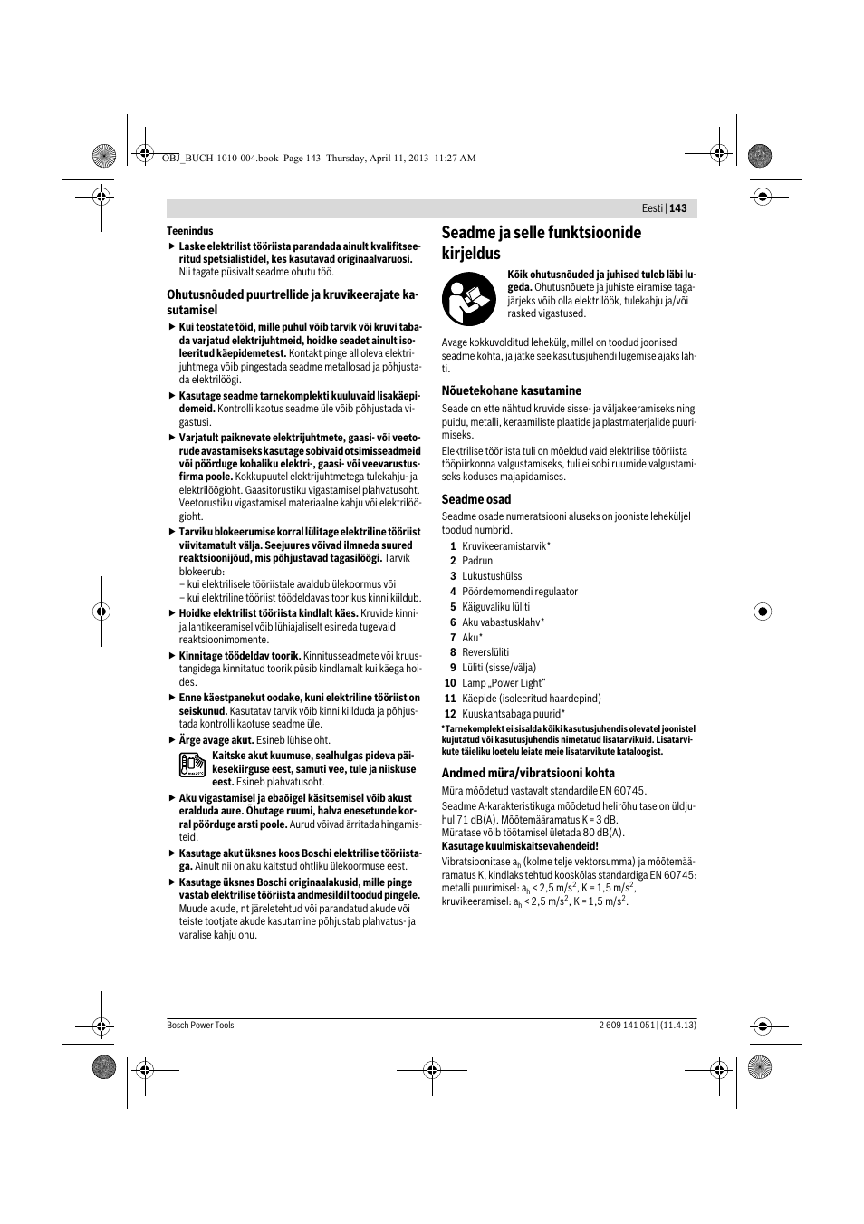 Seadme ja selle funktsioonide kirjeldus | Bosch GSR 10,8-LI Professional User Manual | Page 143 / 167