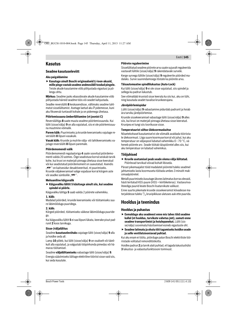 Kasutus, Hooldus ja teenindus | Bosch GSR 10,8-LI Professional User Manual | Page 145 / 167