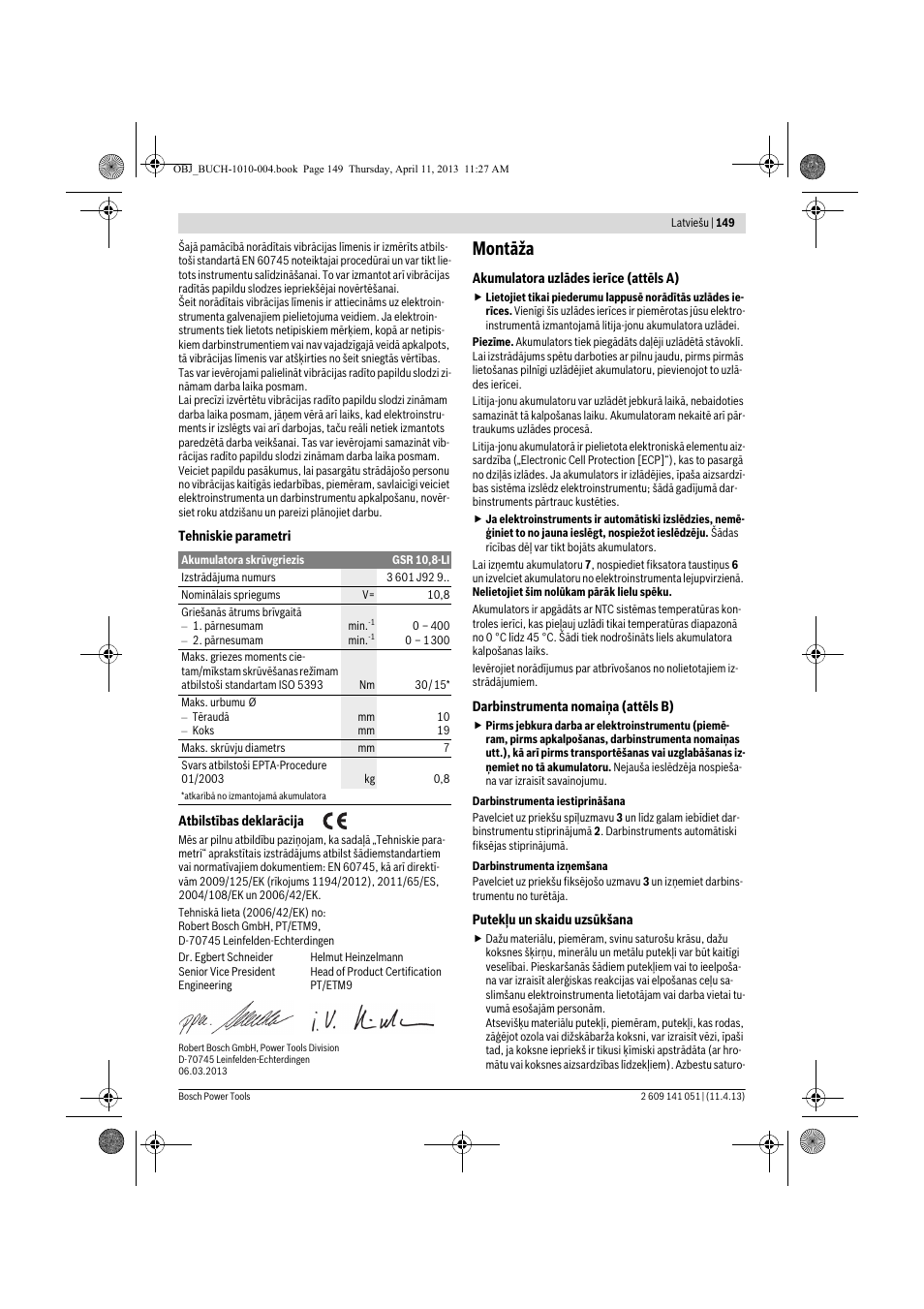 Montāža | Bosch GSR 10,8-LI Professional User Manual | Page 149 / 167