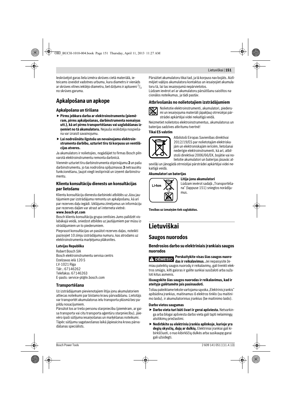 Lietuviškai, Apkalpošana un apkope, Saugos nuorodos | Bosch GSR 10,8-LI Professional User Manual | Page 151 / 167