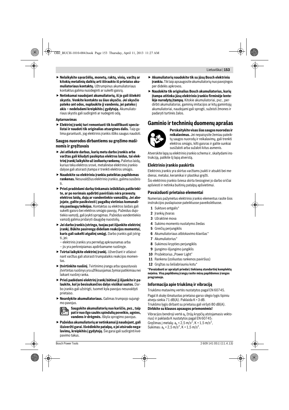 Gaminio ir techninių duomenų aprašas | Bosch GSR 10,8-LI Professional User Manual | Page 153 / 167