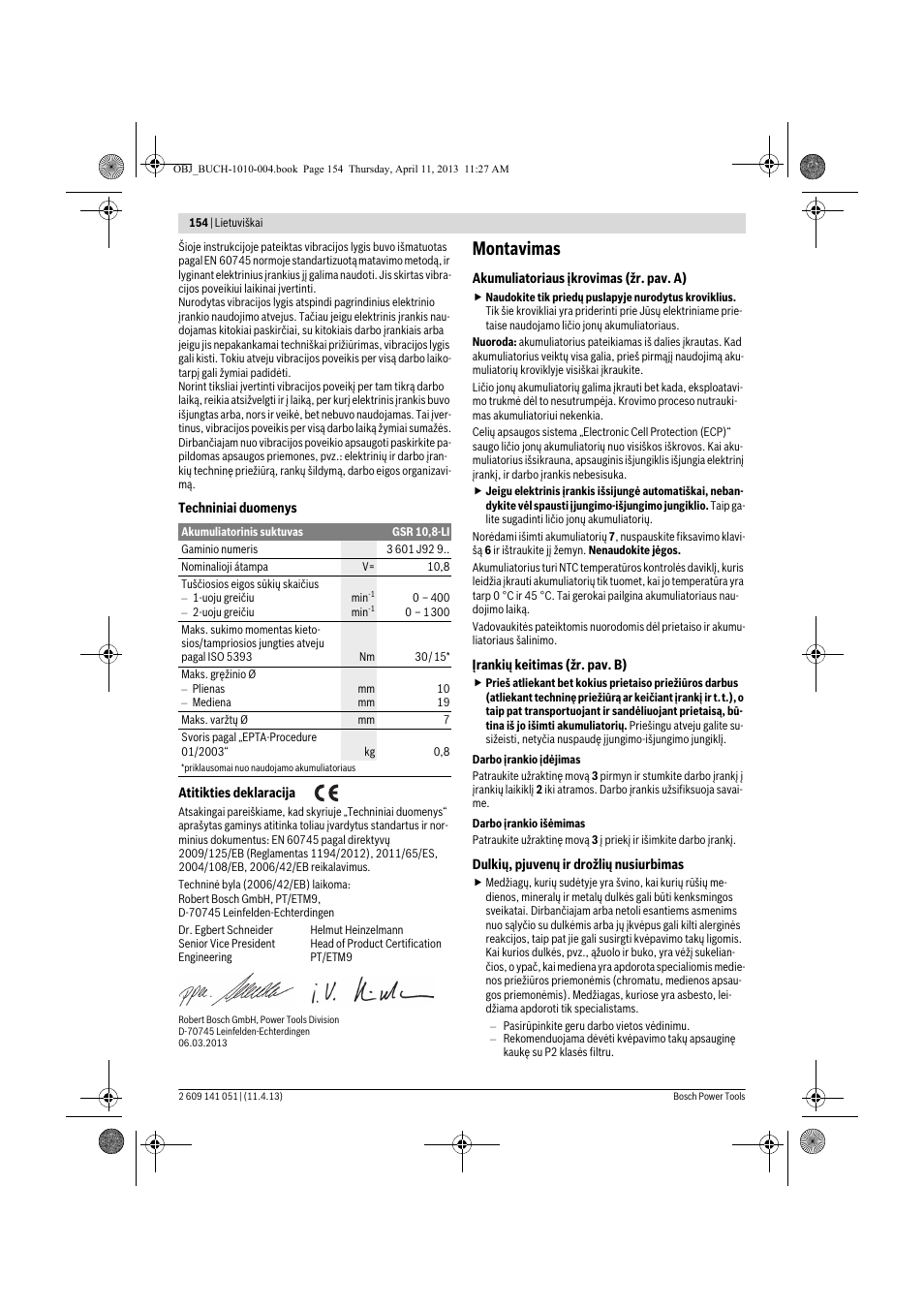 Montavimas | Bosch GSR 10,8-LI Professional User Manual | Page 154 / 167