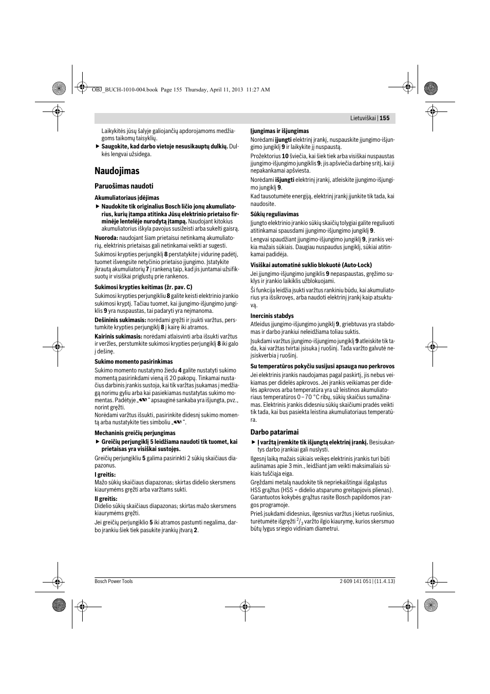 Naudojimas | Bosch GSR 10,8-LI Professional User Manual | Page 155 / 167