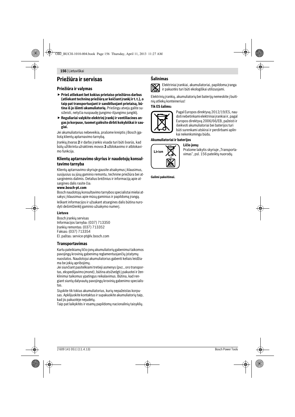 Priežiūra ir servisas | Bosch GSR 10,8-LI Professional User Manual | Page 156 / 167