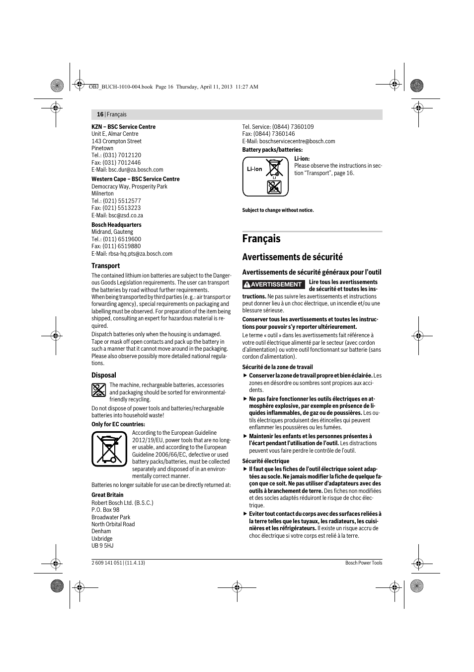 Français, Avertissements de sécurité | Bosch GSR 10,8-LI Professional User Manual | Page 16 / 167