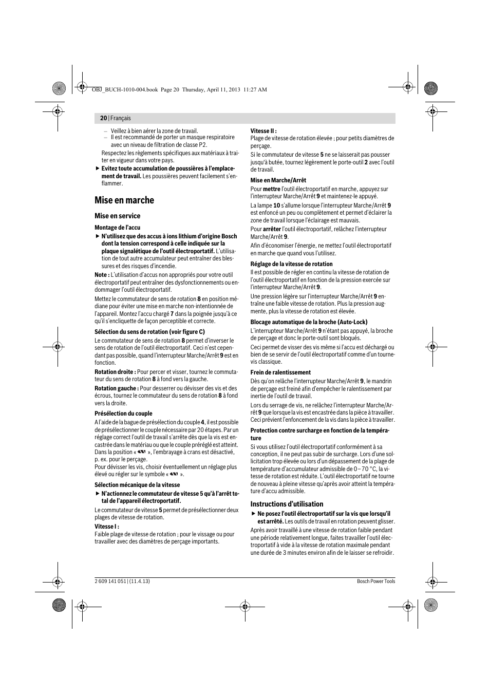 Mise en marche | Bosch GSR 10,8-LI Professional User Manual | Page 20 / 167