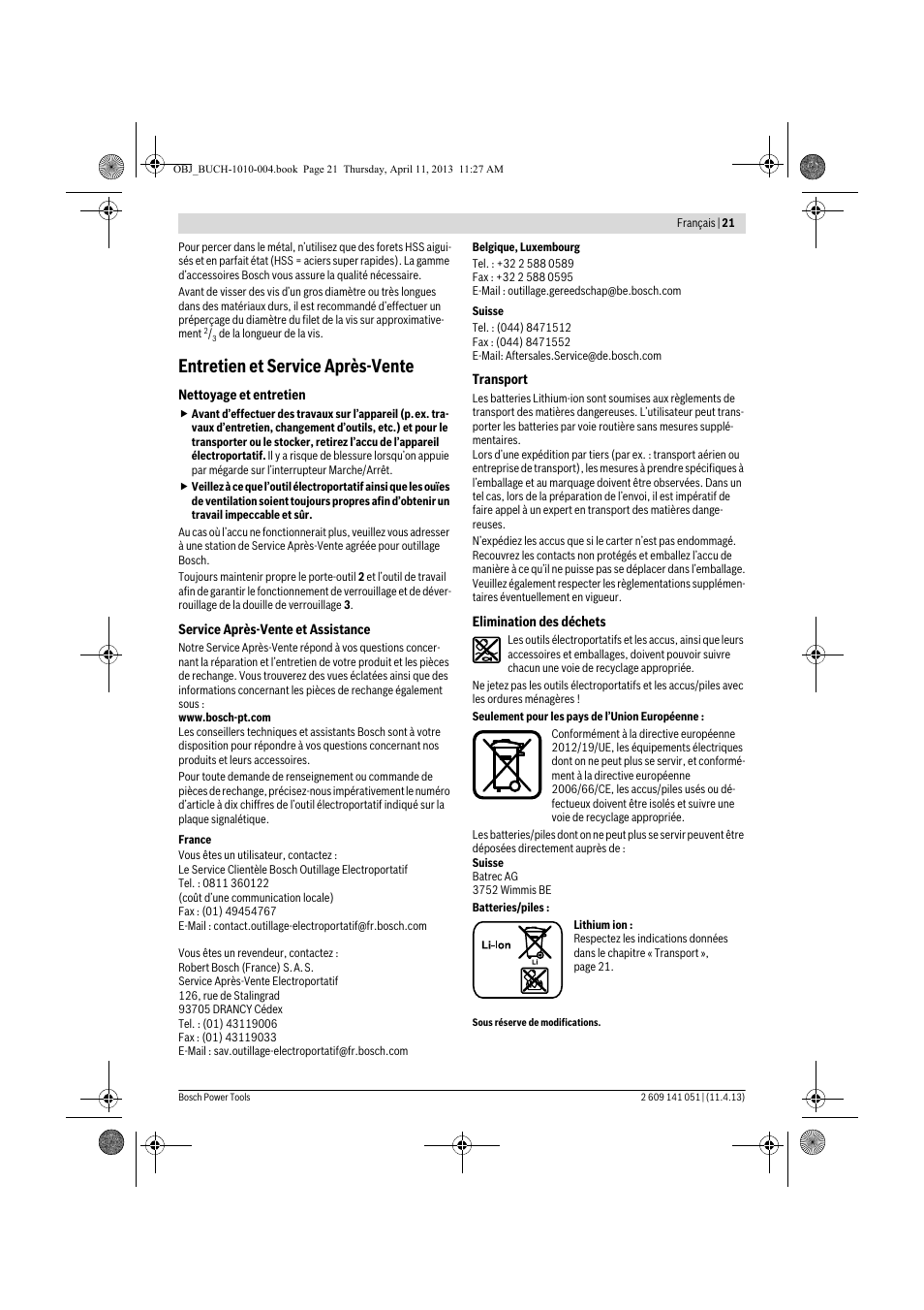 Entretien et service après-vente | Bosch GSR 10,8-LI Professional User Manual | Page 21 / 167