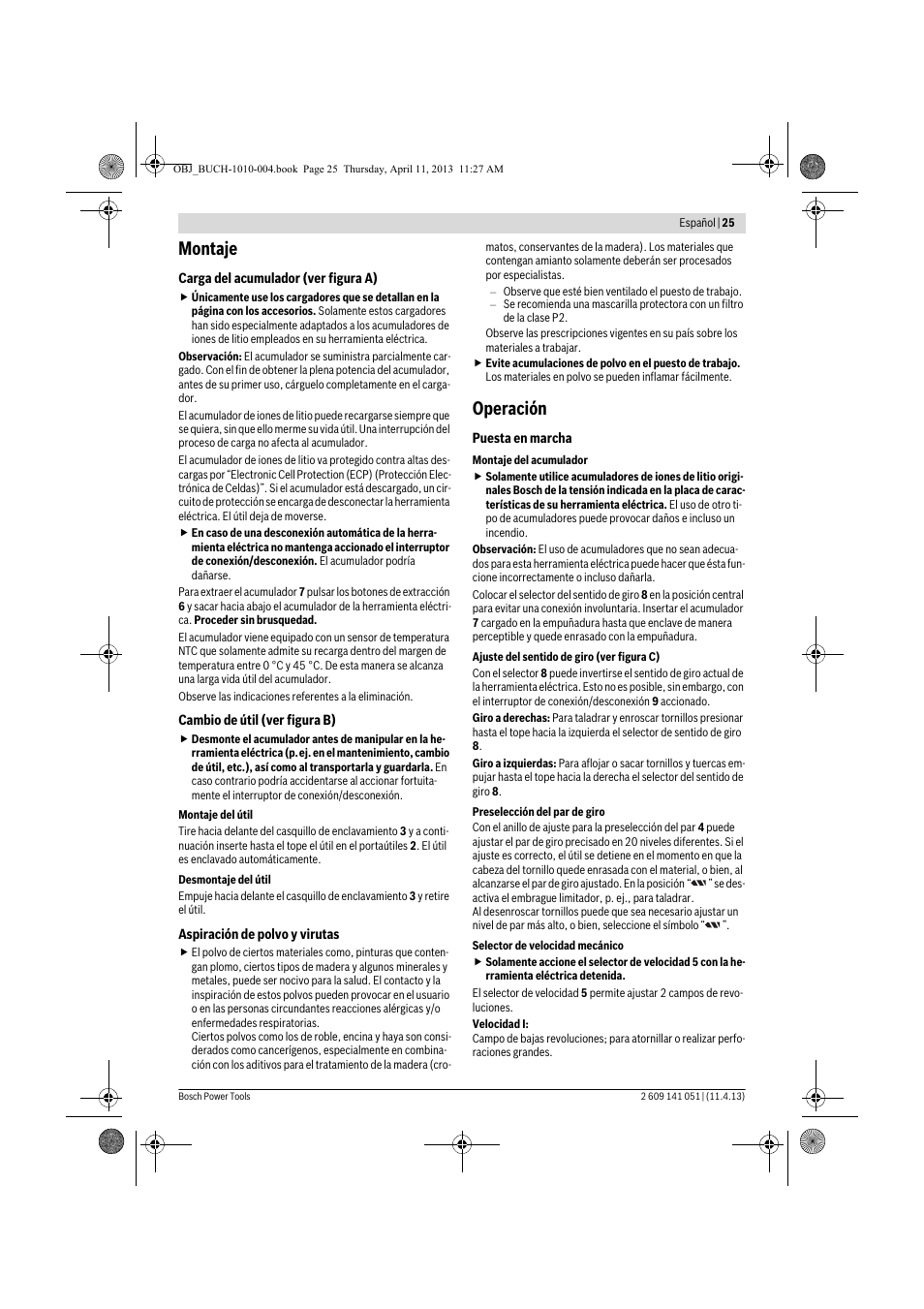 Montaje, Operación | Bosch GSR 10,8-LI Professional User Manual | Page 25 / 167