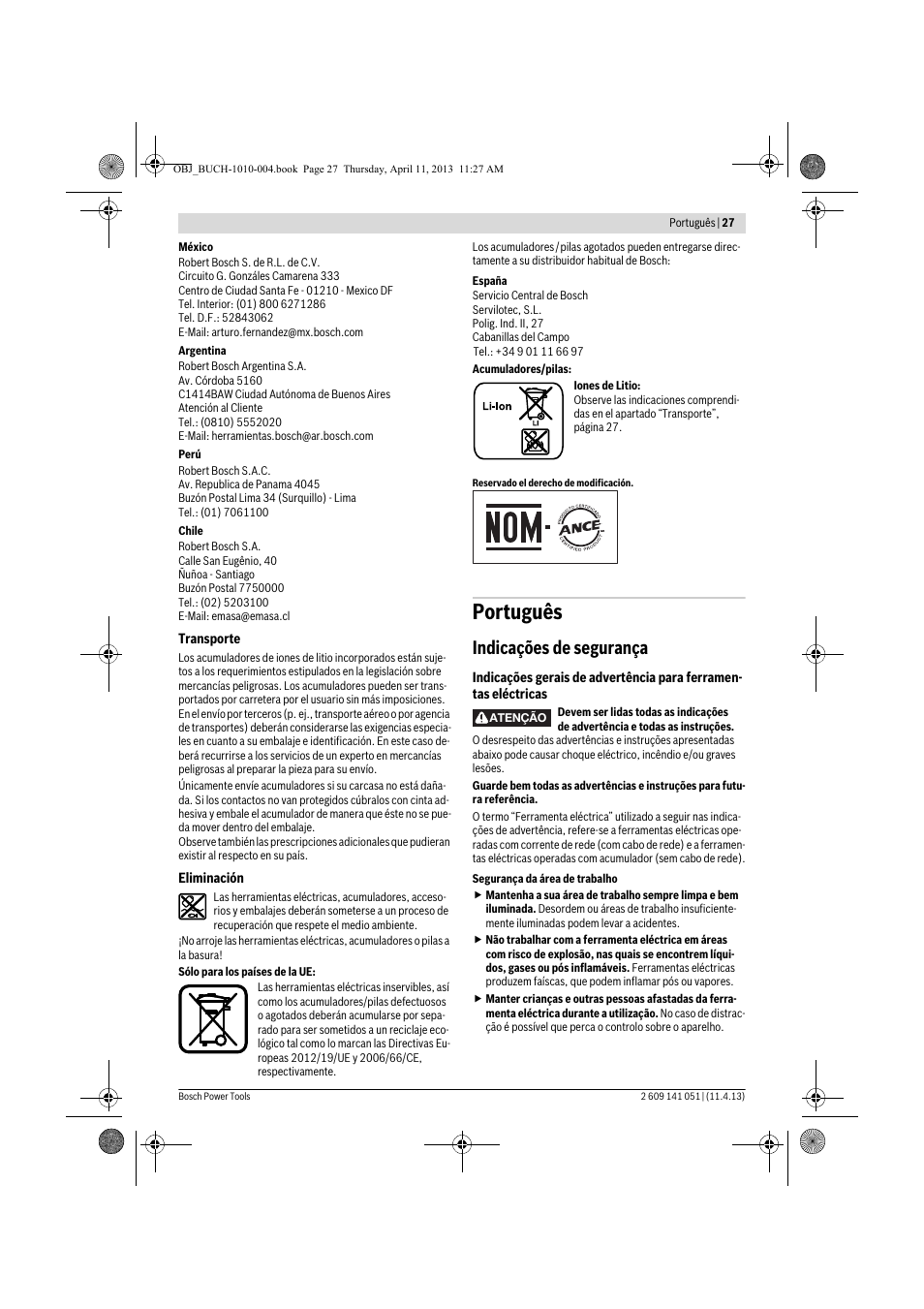 Português, Indicações de segurança | Bosch GSR 10,8-LI Professional User Manual | Page 27 / 167