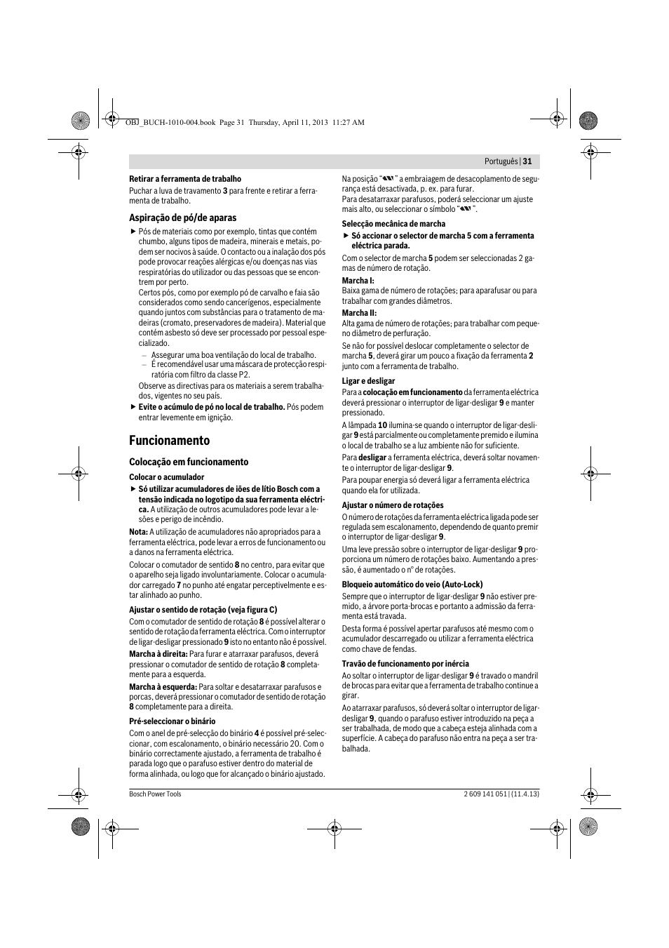 Funcionamento | Bosch GSR 10,8-LI Professional User Manual | Page 31 / 167