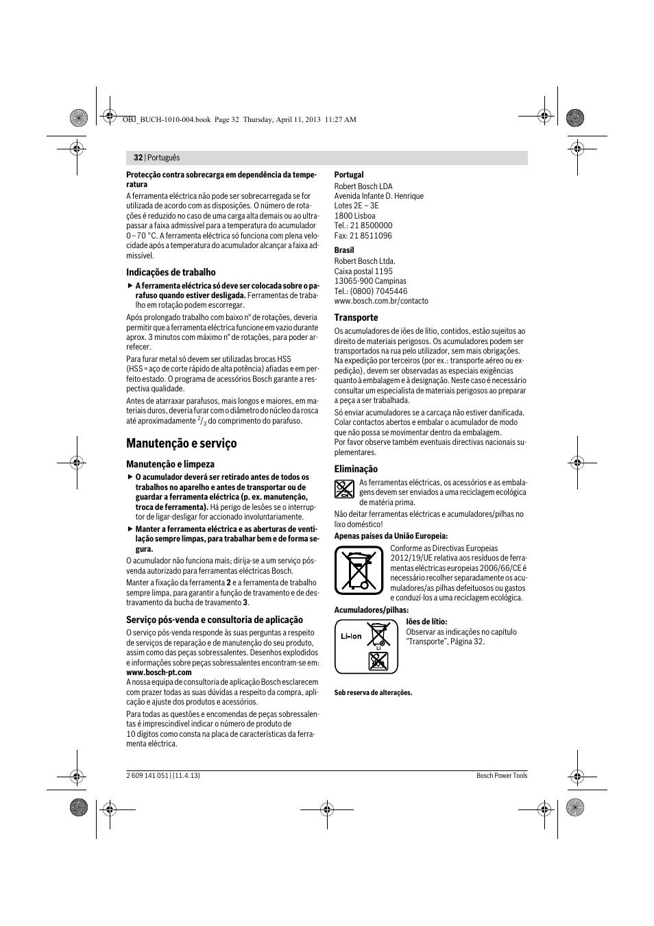 Manutenção e serviço | Bosch GSR 10,8-LI Professional User Manual | Page 32 / 167