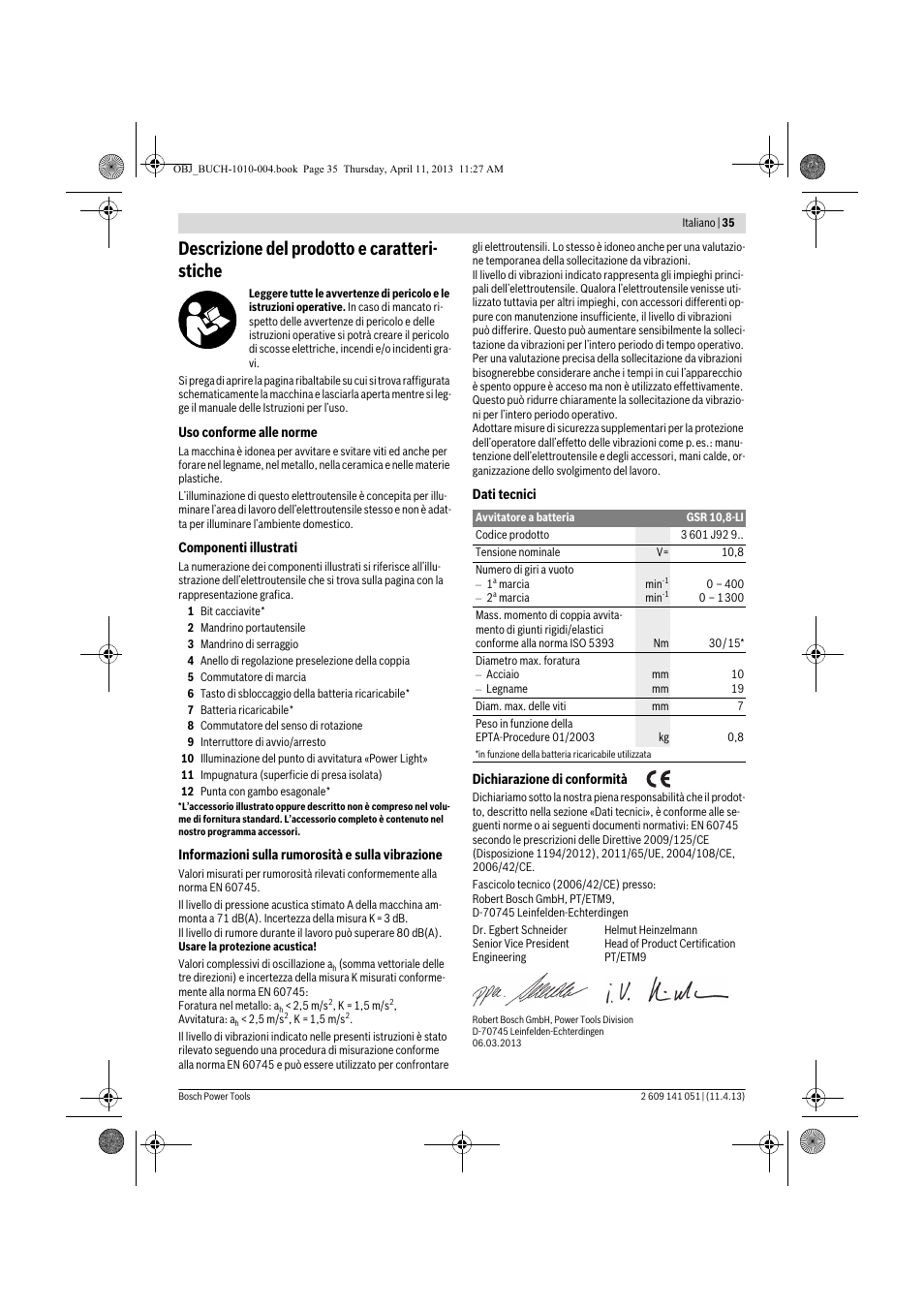 Descrizione del prodotto e caratteri- stiche | Bosch GSR 10,8-LI Professional User Manual | Page 35 / 167