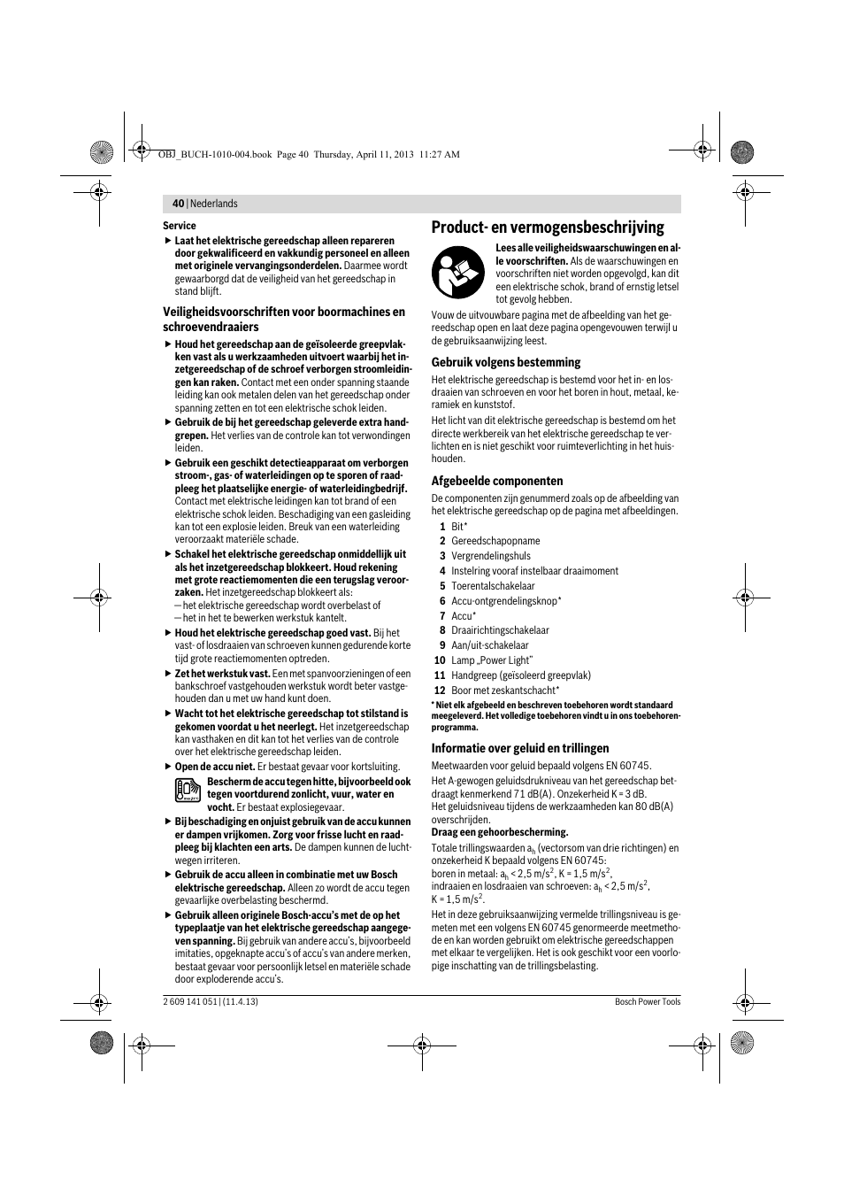 Product- en vermogensbeschrijving | Bosch GSR 10,8-LI Professional User Manual | Page 40 / 167