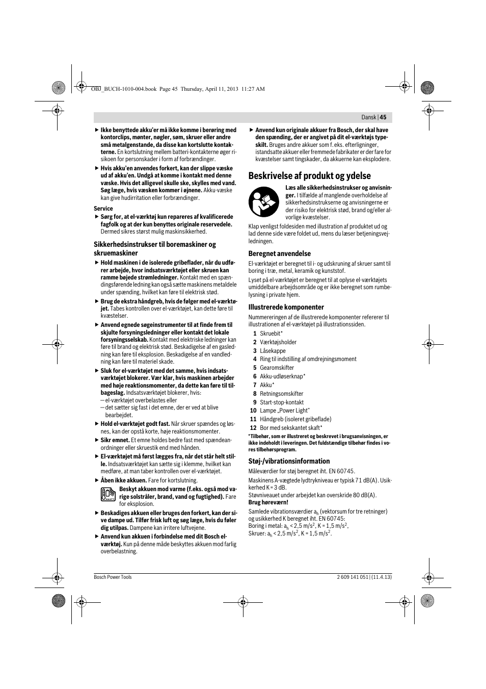 Beskrivelse af produkt og ydelse | Bosch GSR 10,8-LI Professional User Manual | Page 45 / 167