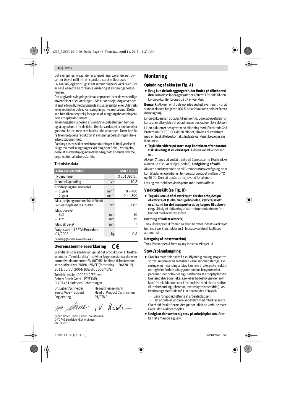 Montering | Bosch GSR 10,8-LI Professional User Manual | Page 46 / 167