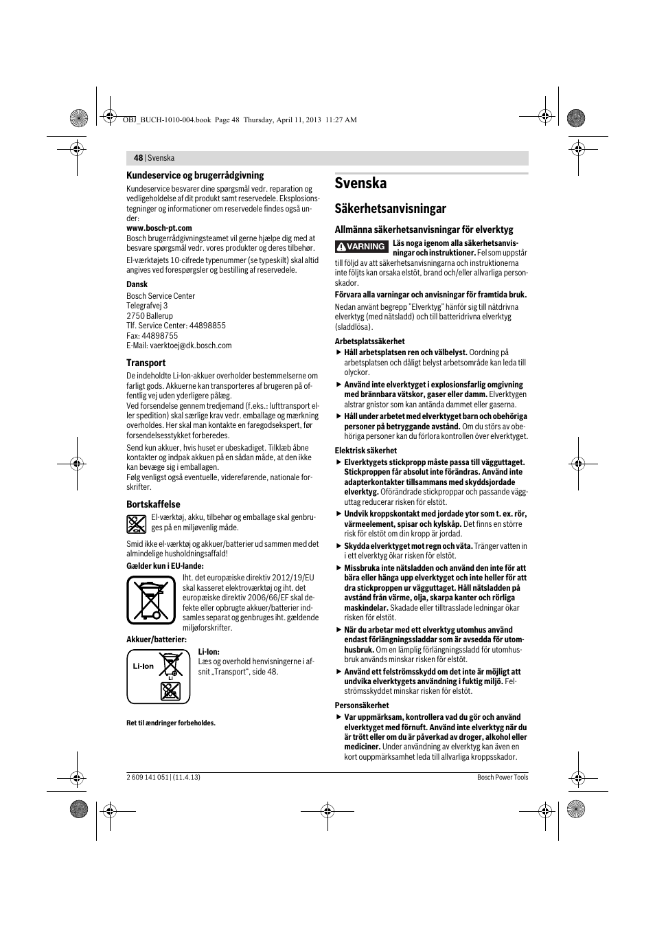 Svenska, Säkerhetsanvisningar | Bosch GSR 10,8-LI Professional User Manual | Page 48 / 167