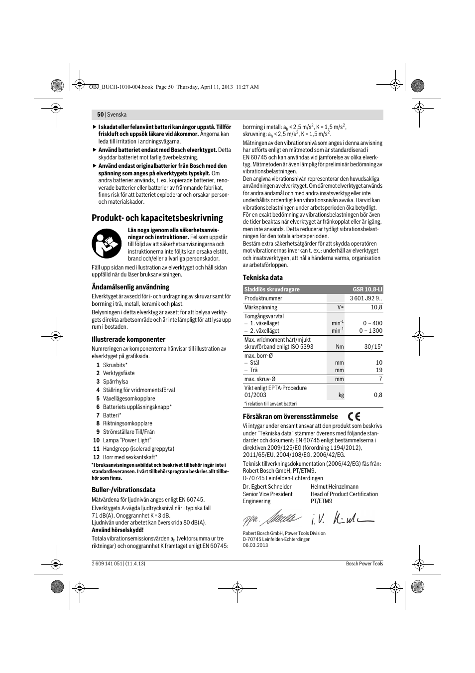 Produkt- och kapacitetsbeskrivning | Bosch GSR 10,8-LI Professional User Manual | Page 50 / 167