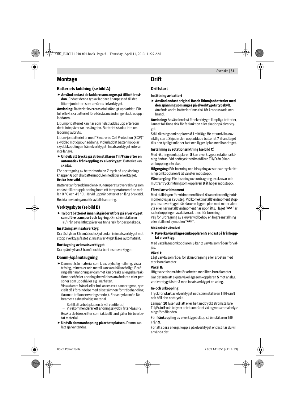 Montage, Drift | Bosch GSR 10,8-LI Professional User Manual | Page 51 / 167