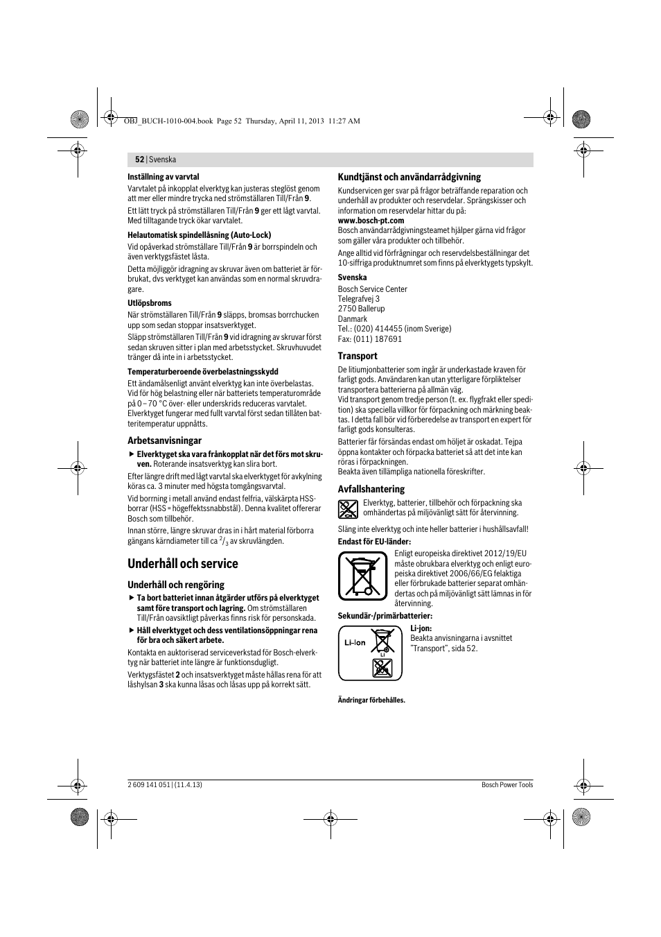 Underhåll och service | Bosch GSR 10,8-LI Professional User Manual | Page 52 / 167