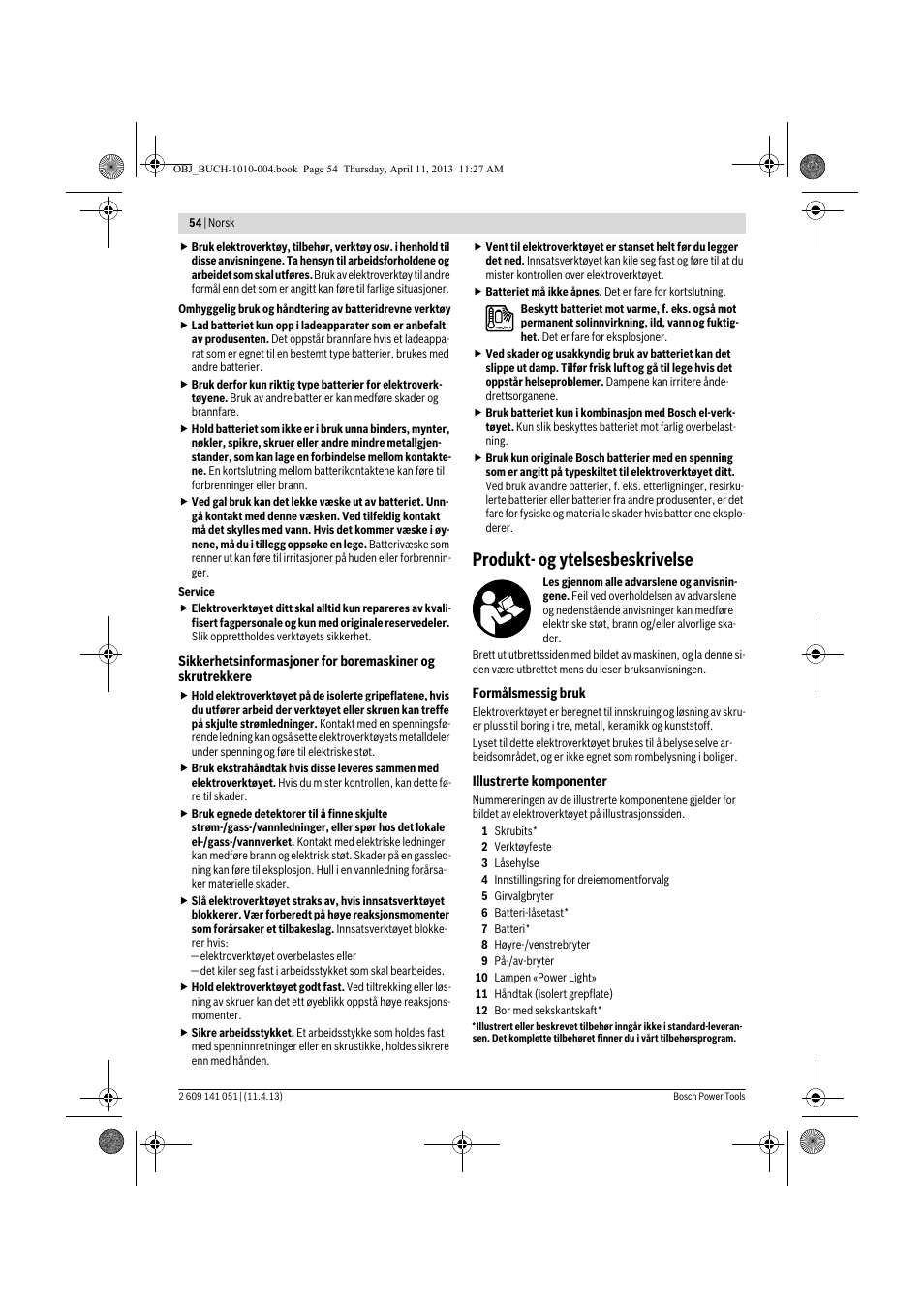 Produkt- og ytelsesbeskrivelse | Bosch GSR 10,8-LI Professional User Manual | Page 54 / 167