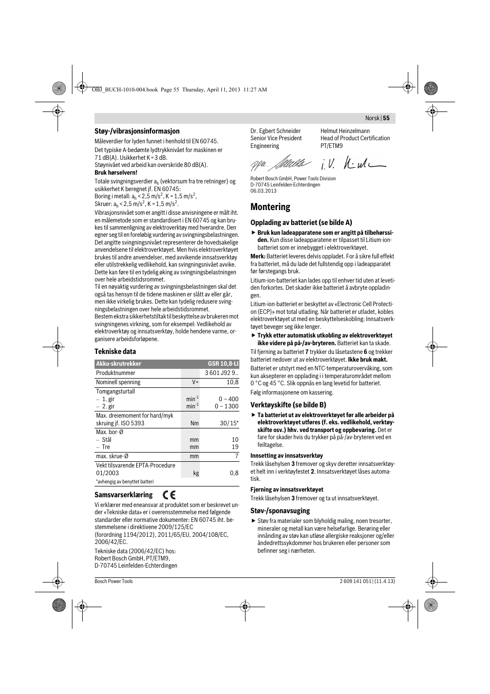 Montering | Bosch GSR 10,8-LI Professional User Manual | Page 55 / 167