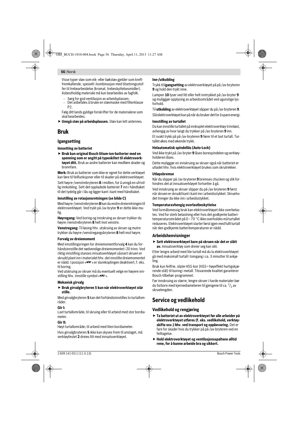 Bruk, Service og vedlikehold | Bosch GSR 10,8-LI Professional User Manual | Page 56 / 167