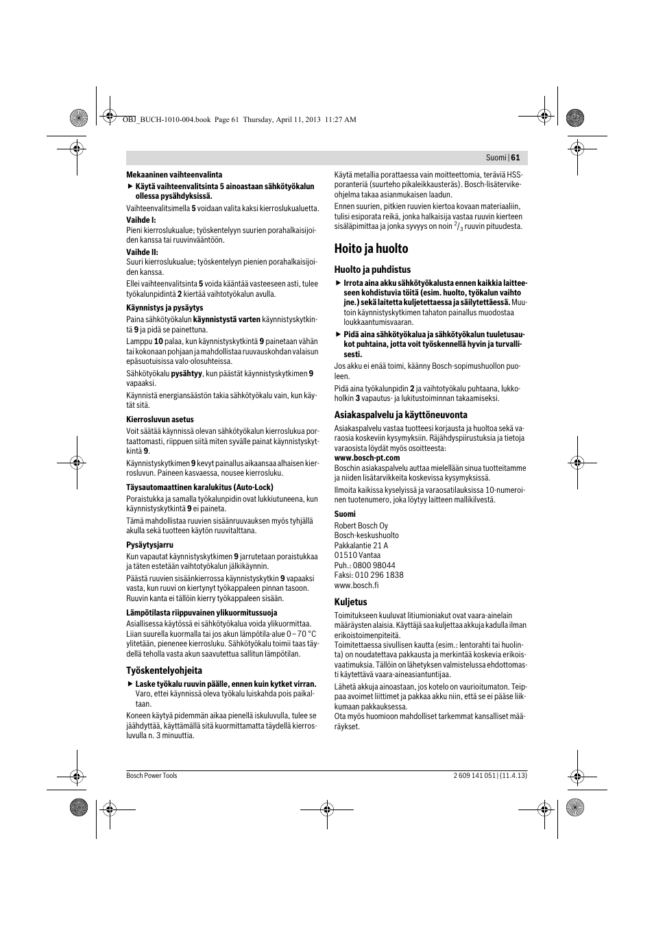 Hoito ja huolto | Bosch GSR 10,8-LI Professional User Manual | Page 61 / 167