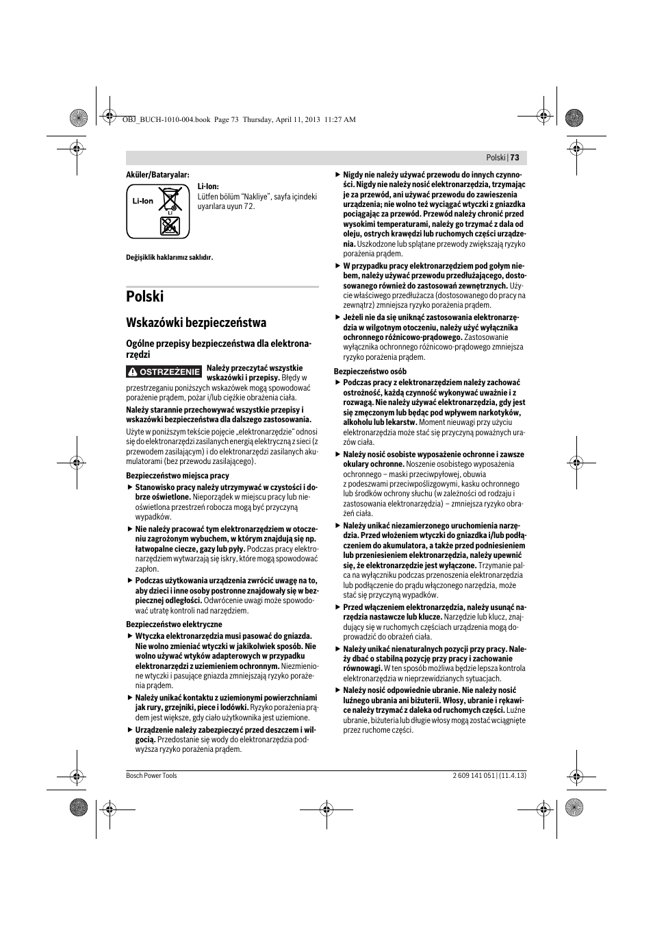 Polski, Wskazówki bezpieczeństwa | Bosch GSR 10,8-LI Professional User Manual | Page 73 / 167