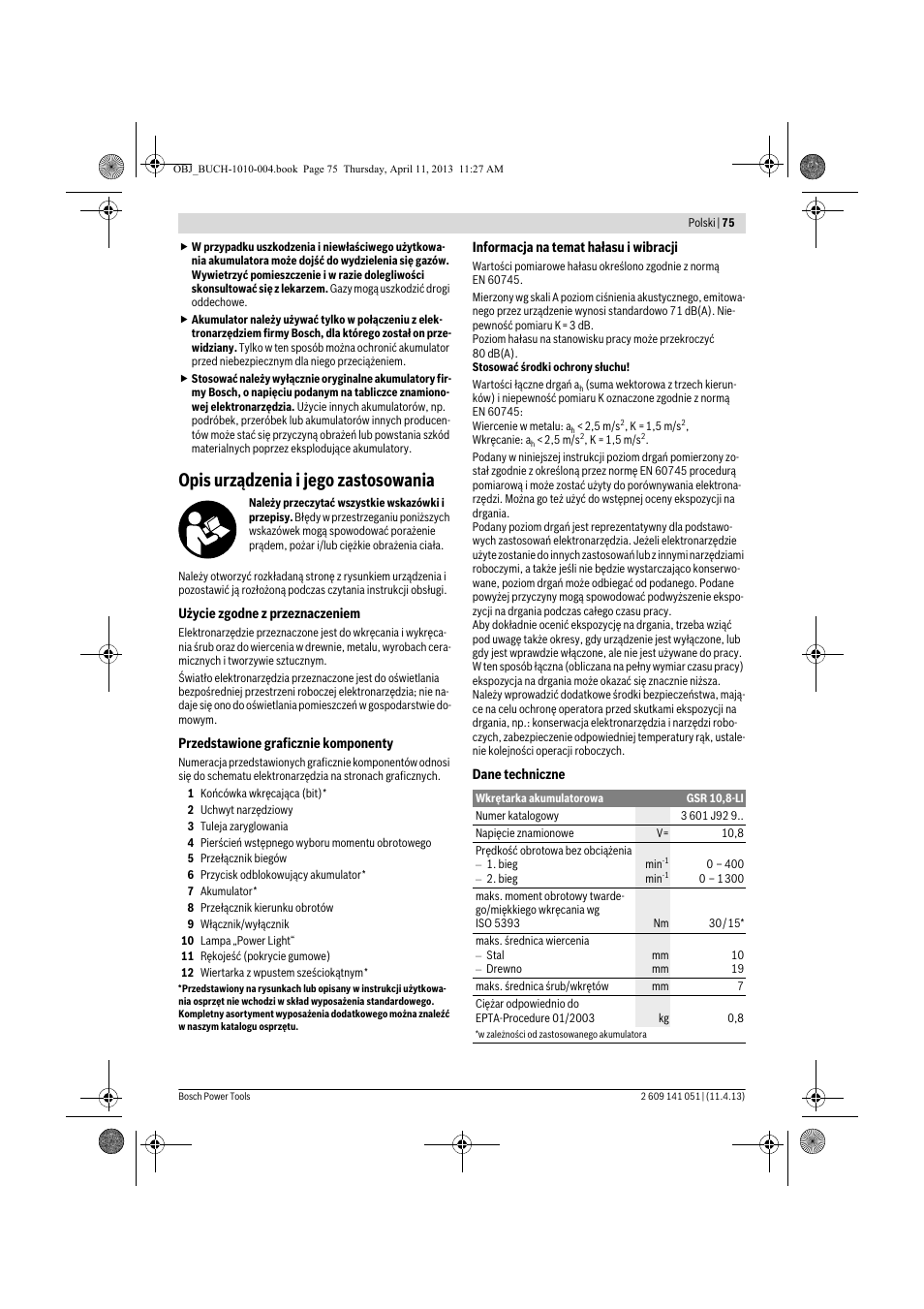 Opis urządzenia i jego zastosowania | Bosch GSR 10,8-LI Professional User Manual | Page 75 / 167