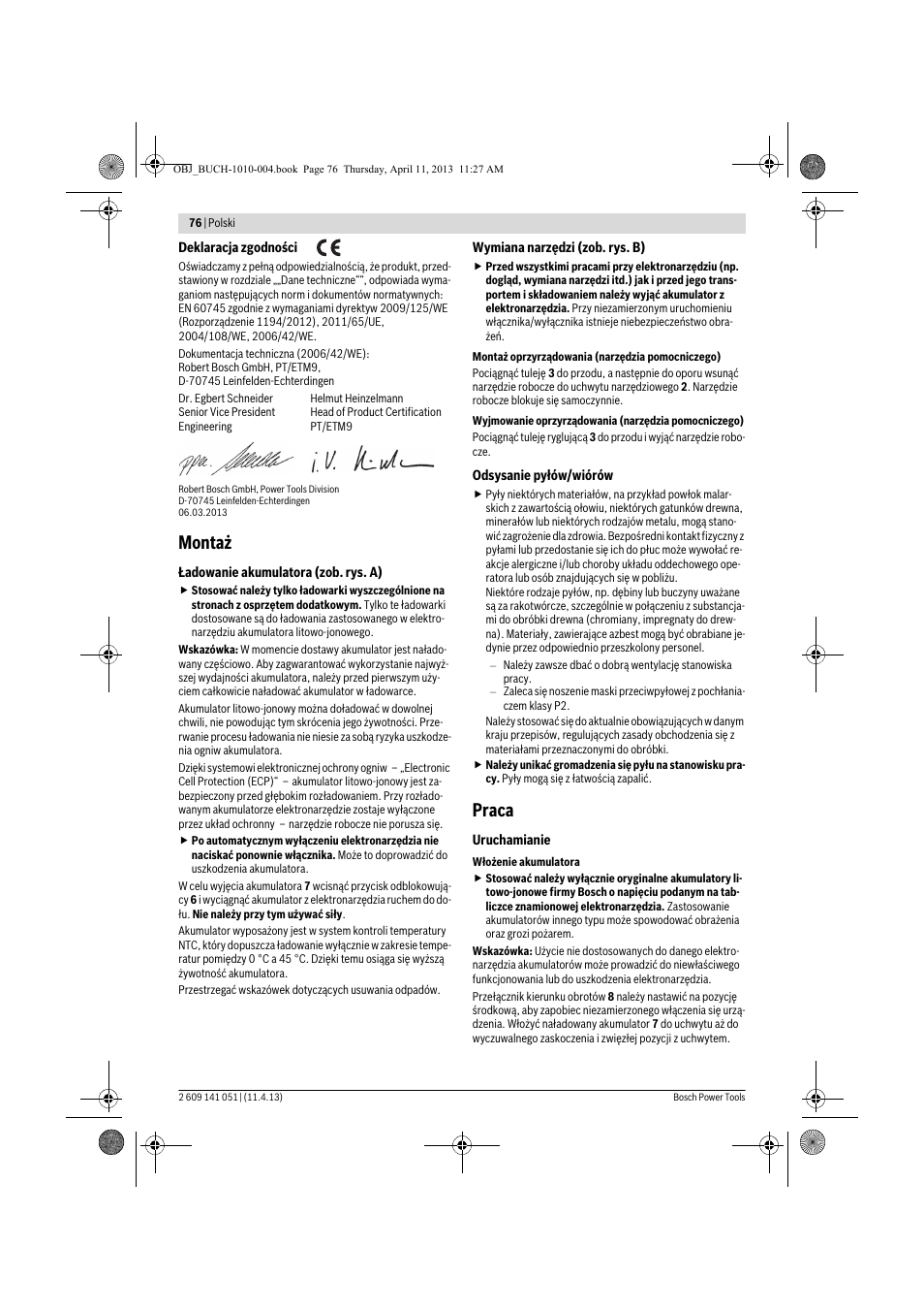 Montaż, Praca | Bosch GSR 10,8-LI Professional User Manual | Page 76 / 167