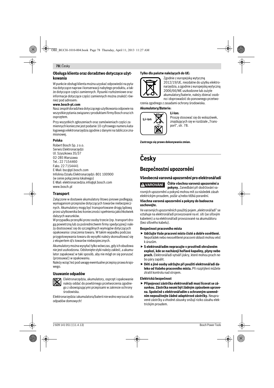 Česky, Bezpečnostní upozornění | Bosch GSR 10,8-LI Professional User Manual | Page 78 / 167