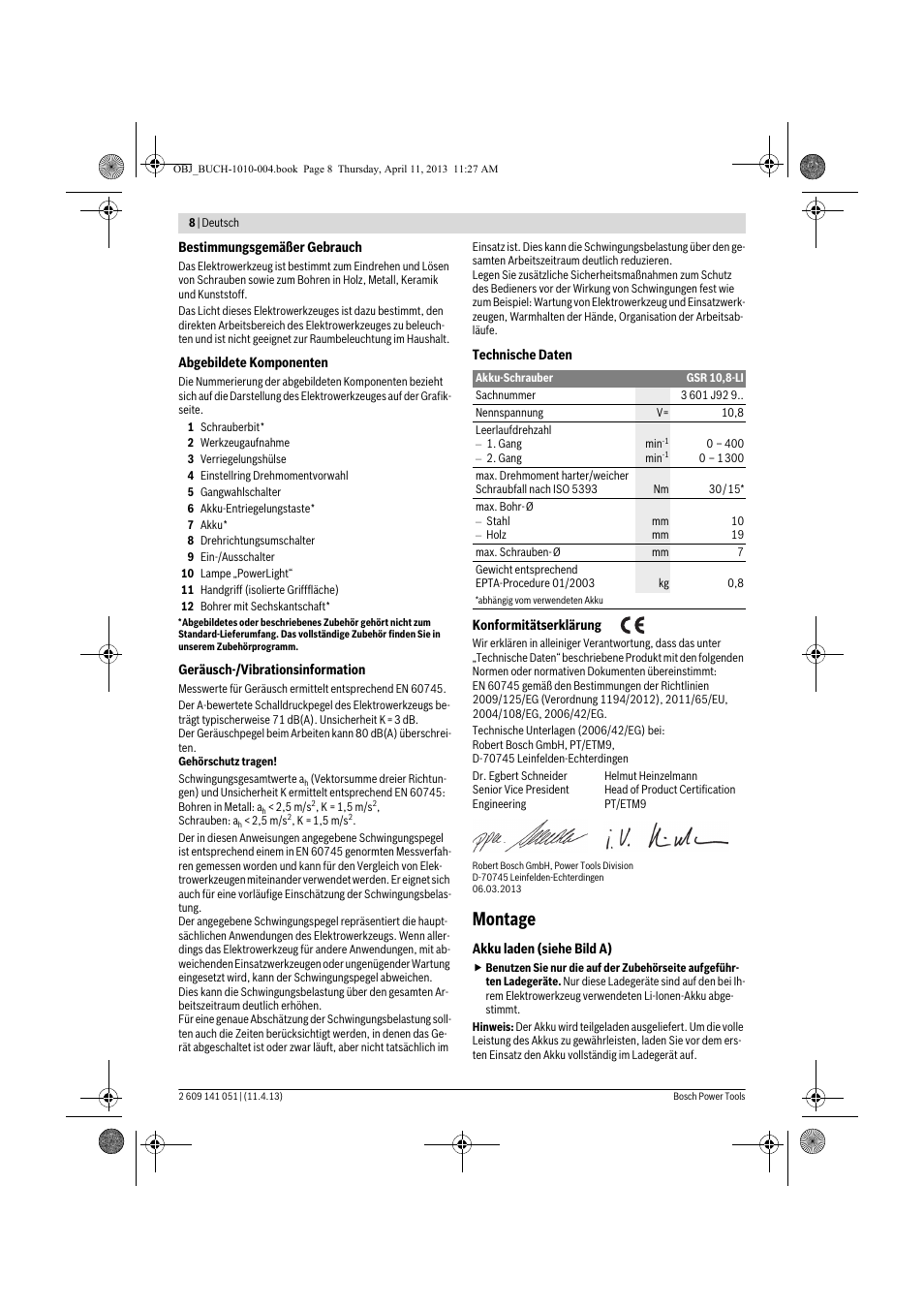 Montage | Bosch GSR 10,8-LI Professional User Manual | Page 8 / 167