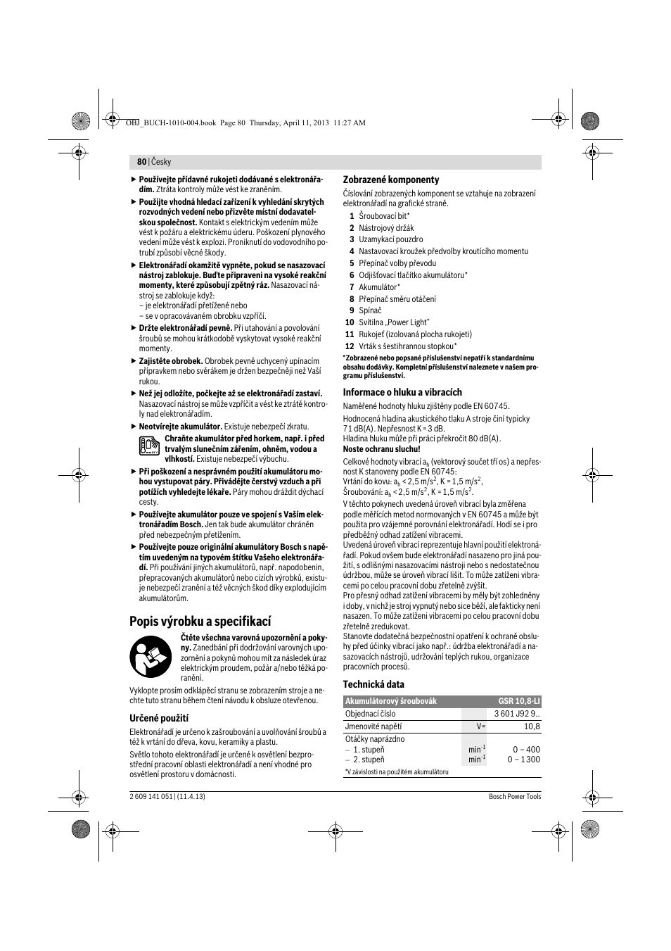 Popis výrobku a specifikací | Bosch GSR 10,8-LI Professional User Manual | Page 80 / 167