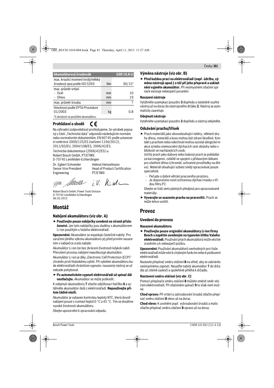 Montáž, Provoz | Bosch GSR 10,8-LI Professional User Manual | Page 81 / 167