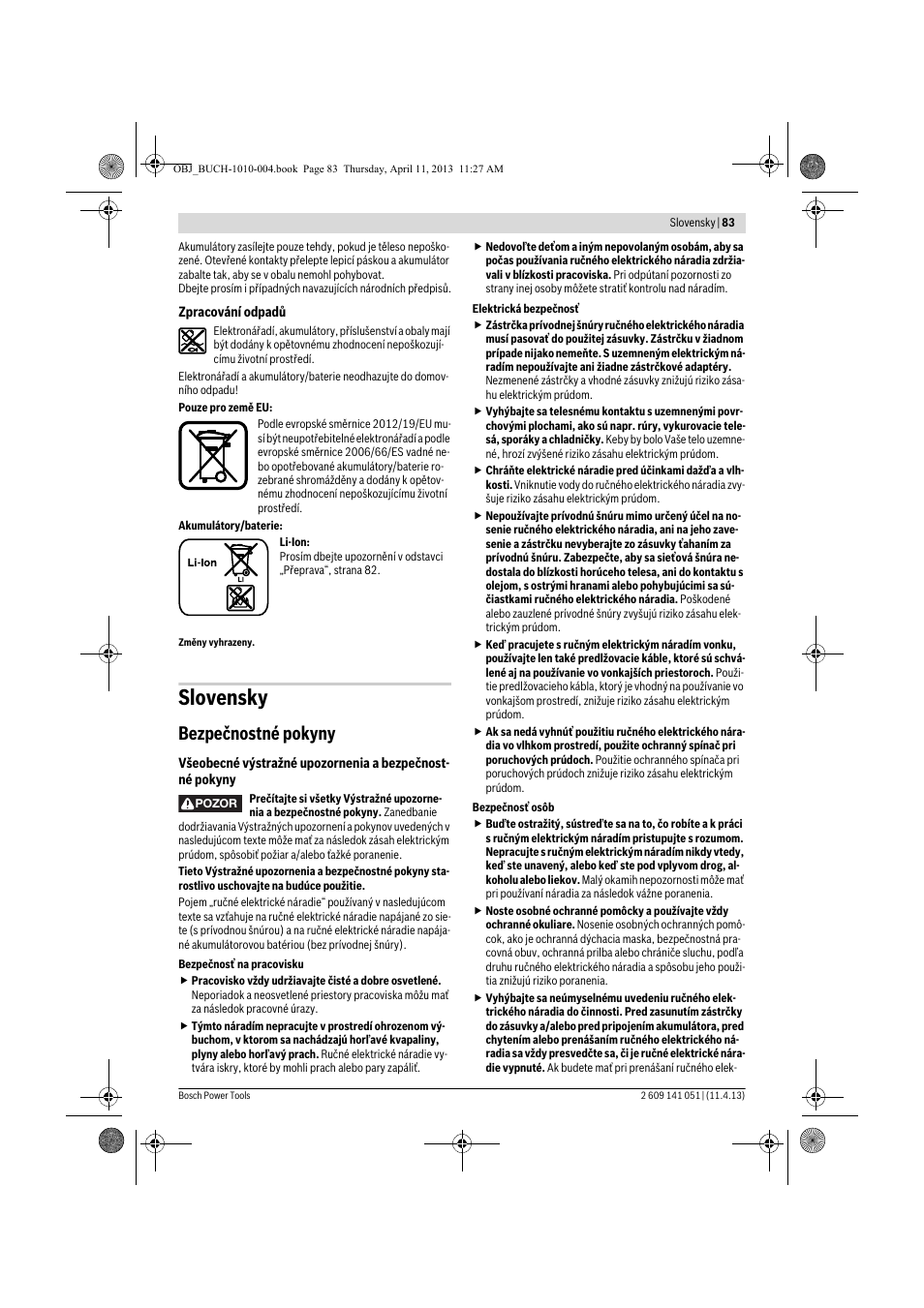 Slovensky, Bezpečnostné pokyny | Bosch GSR 10,8-LI Professional User Manual | Page 83 / 167