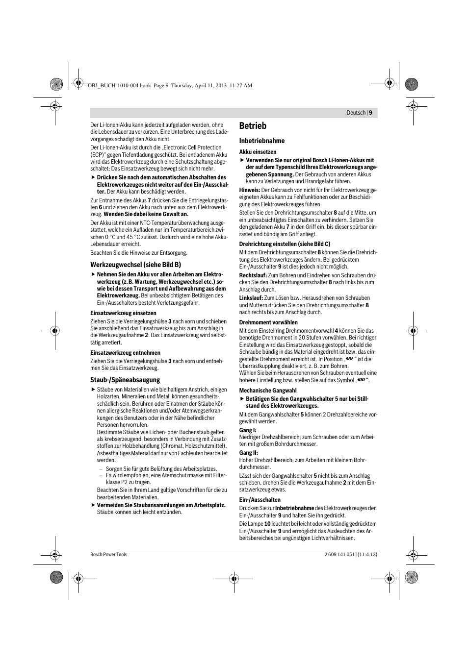 Betrieb | Bosch GSR 10,8-LI Professional User Manual | Page 9 / 167