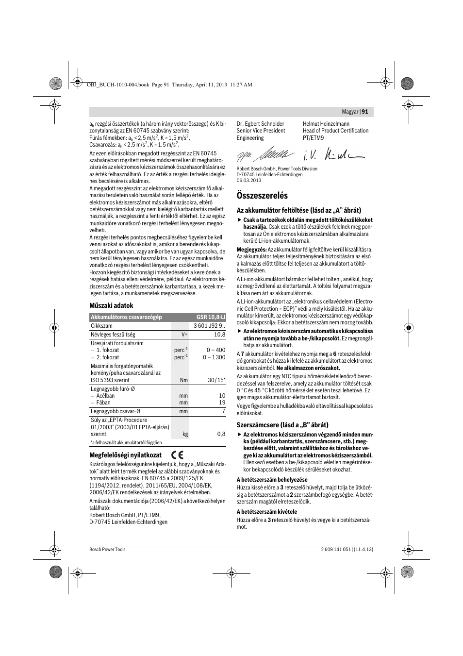 Összeszerelés | Bosch GSR 10,8-LI Professional User Manual | Page 91 / 167