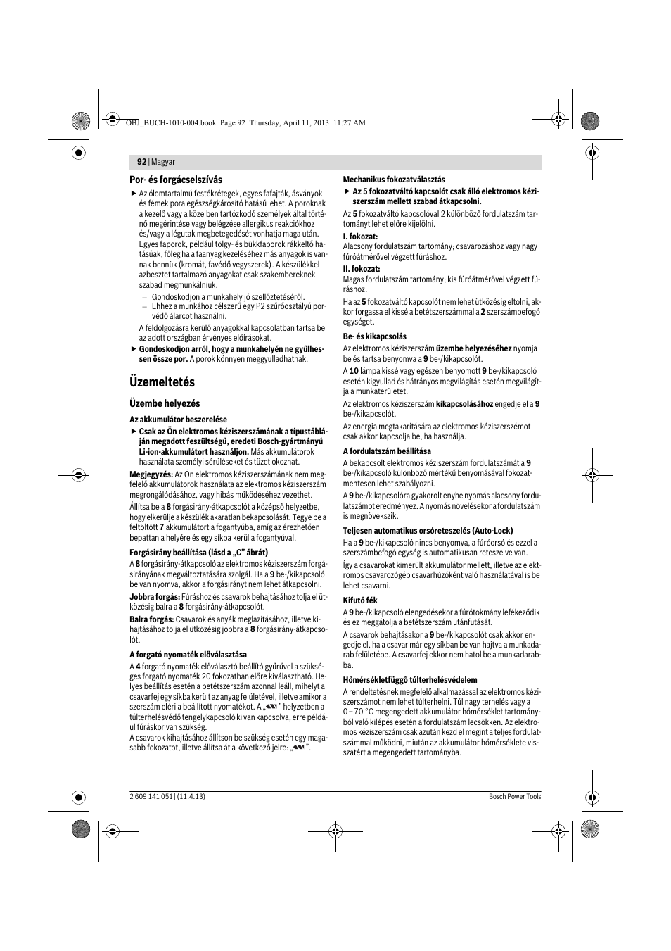 Üzemeltetés | Bosch GSR 10,8-LI Professional User Manual | Page 92 / 167