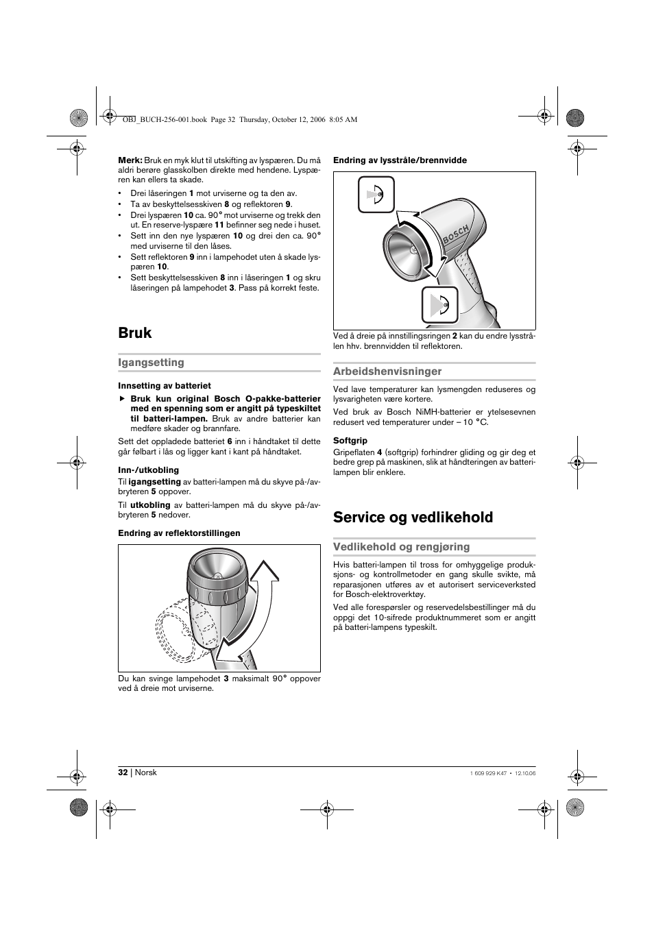 Bruk, Service og vedlikehold | Bosch GLI 14,4 V Professional User Manual | Page 32 / 86